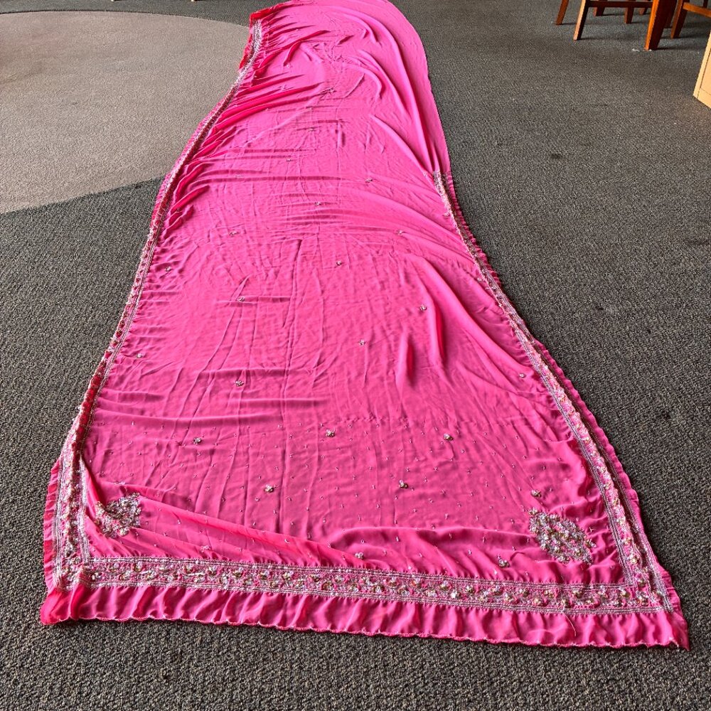 Elegant Pink Chiffon Sari with Clear Beads and Yellow Rhinestones - Picture 2 of 6